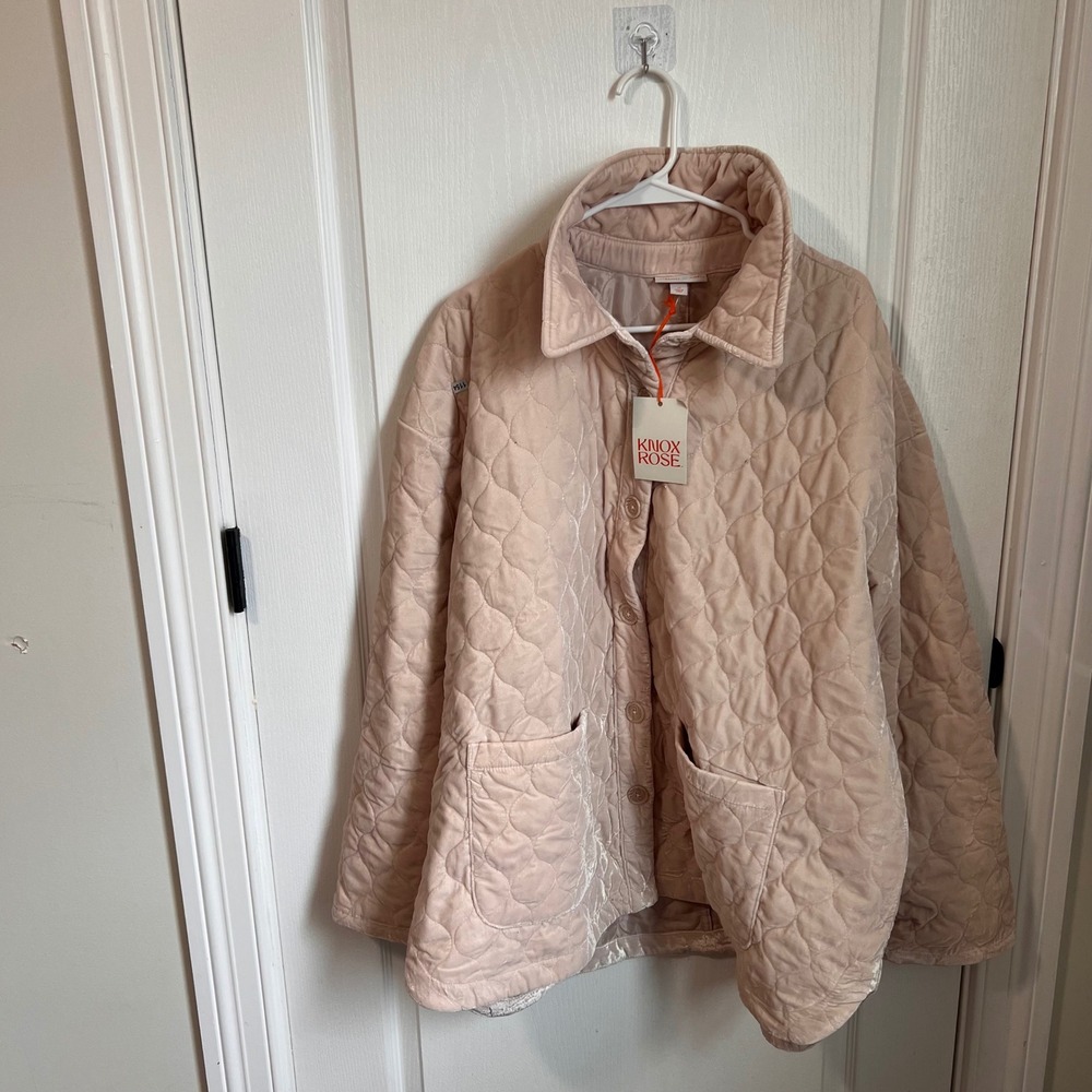 Knox Rose Quilted Velvet Jacket Pink Bagel Beige Plush Button Front Size 2X